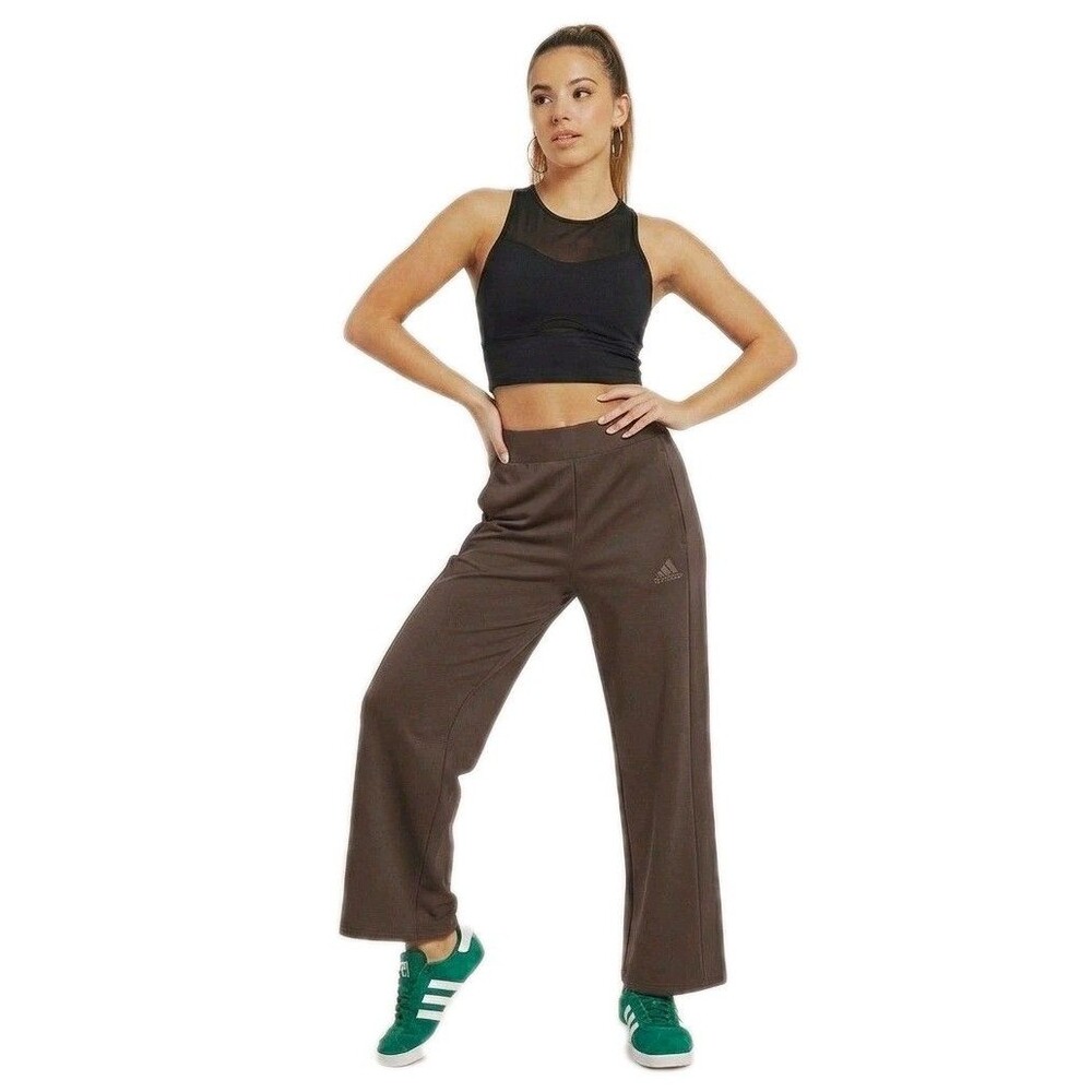 Adidas Womens M Active Wide Leg Track Pants Stretchy High Waist Zip Pocket Brown